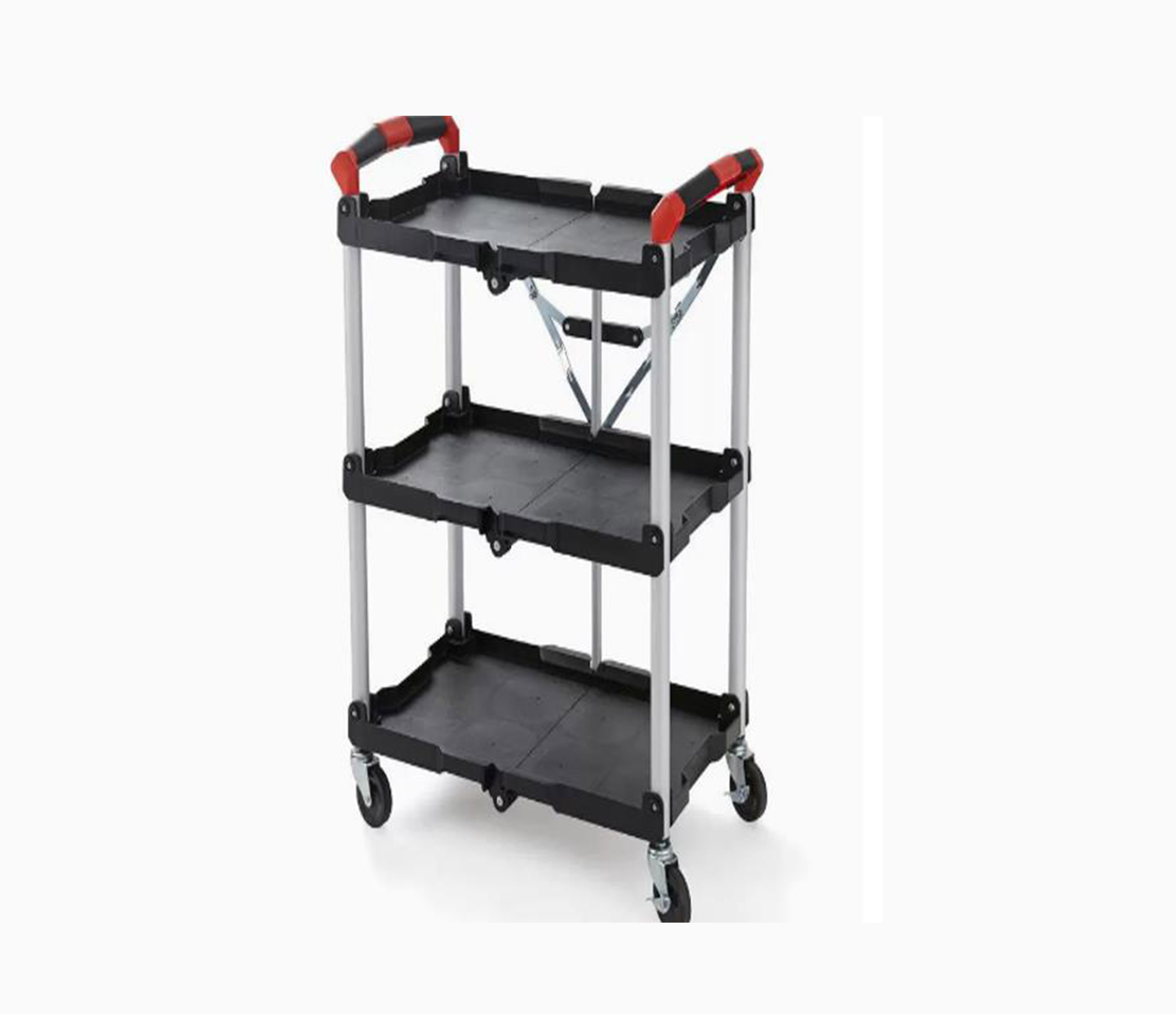 赛拓 三层折叠工具车  尺寸：60×38×85cm，材质：PE层板，铝合金支架，PVC轮子，单层承重22kg,层数：三层，可折叠