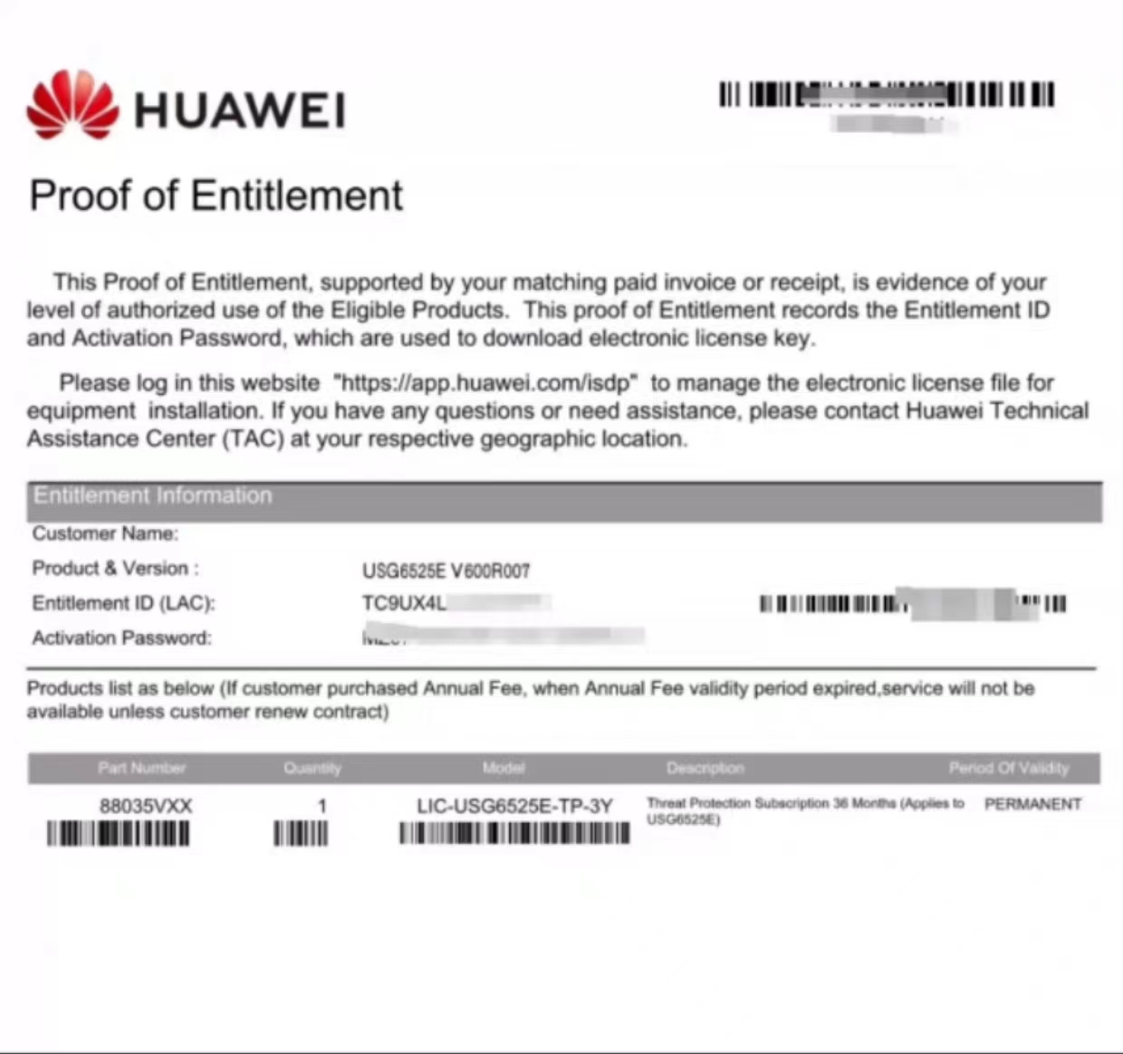 Huawei/华为 华为LIC-USG6525E-TP-3Y，USG6525E-AC防火墙威胁防护特征库授权3年（36个月）